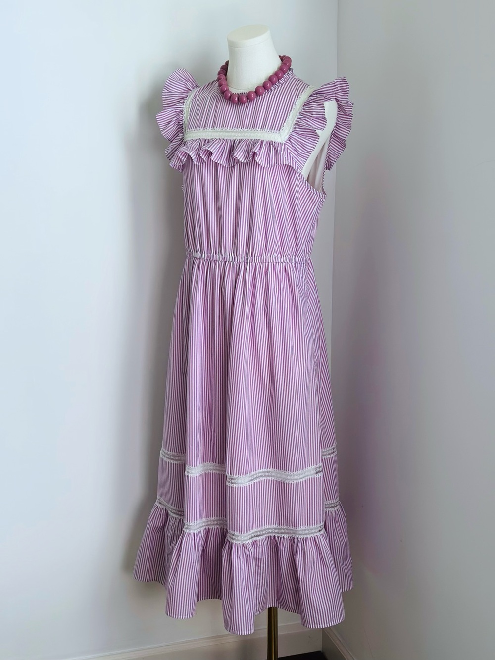 J.Crew NWT Pink & White Striped Ruffle White Lace Trim Midi Dress Women’s Size M